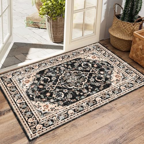 Vhong Washable Area Rugs Boho Vintage Modern Neutral Small Carpet Black and Brown 2×3 Doormat High Traffic Rugs for Bathroom Kitchen Entryway Non Slip, Black/Brown - color: Black/Brown, size: 2x3