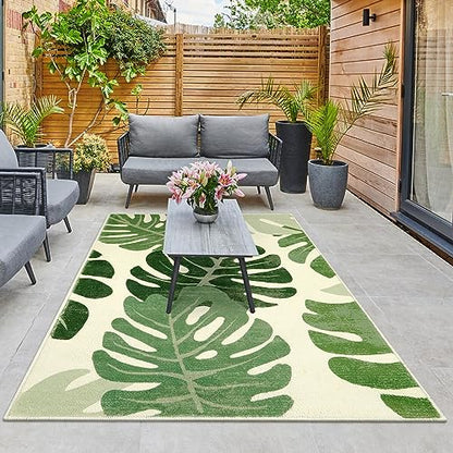 Lukinbox Leaf Indoor Outdoor Area Rugs for Patio, 5x7 Green Washable Living Room Rug Tropical Monstera Plant Non-Slip Bedroom Rugs, Large Accent Area Carpets for Dinning Room Porch - size: 5' x 7'
