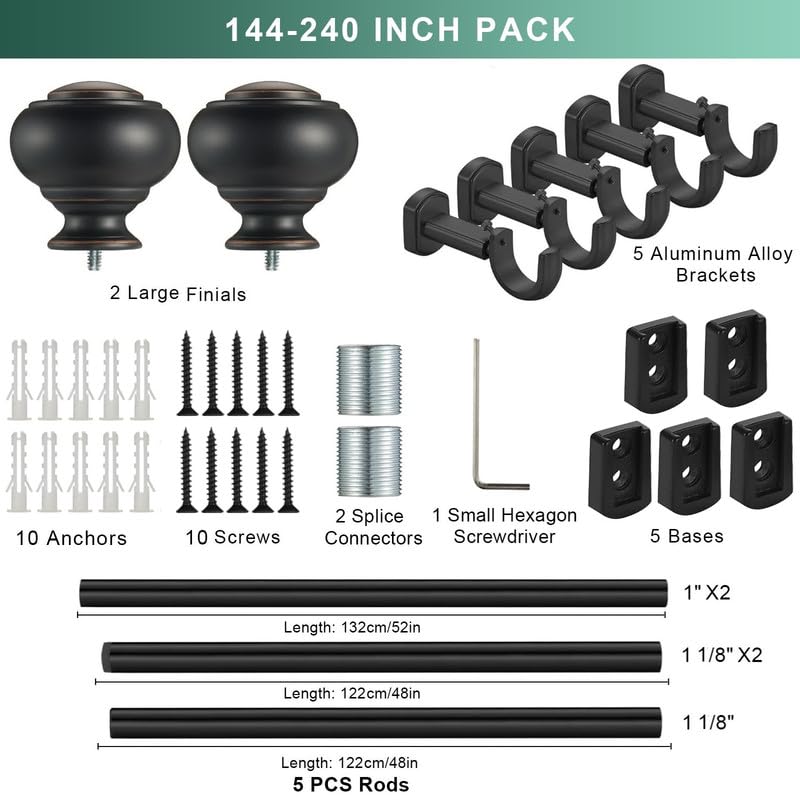 Heavy Duty Curtain Rods, 1 1/8" Diameter Extra Long Curtain Rod 144-240 Inch(12-20ft) for Large Window, Single Drapery Rod with Classic Finials and Adjustable Aluminum Alloy Brackets, Matte Black - color: Matte Black, size: 144-240"