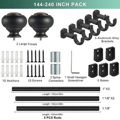 Heavy Duty Curtain Rods, 1 1/8" Diameter Extra Long Curtain Rod 144-240 Inch(12-20ft) for Large Window, Single Drapery Rod with Classic Finials and Adjustable Aluminum Alloy Brackets, Matte Black - color: Matte Black, size: 144-240"
