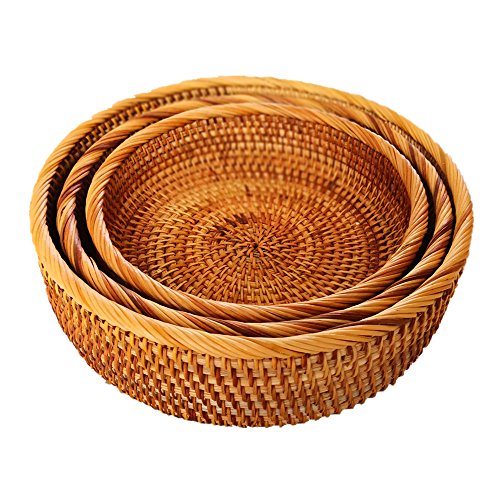 3 Pack Hadewoven Round Rattan Fruit Basket Wicker Food Tray Weaving Storage Holder Dinning Room Bowl, 10 Inch Small Wicker Basket Serving Tray Woven Basket for Bread,Snack,Brown(3-Size Kit) - size: 3-Size Kit (Includes 10")