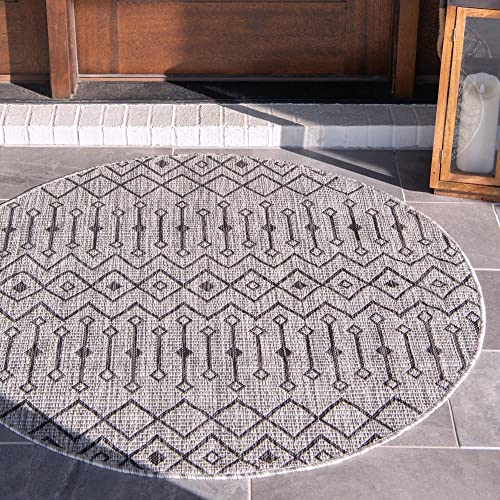 Unique Loom Outdoor Trellis Collection Area Rug - Tribal Trellis (3' 3" Round, Gray/ Black) - color: Gray/Black, size: 3'3" (Round)