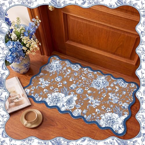 Blue Floral Doormat Outdoor Scalloped Rug Flowers Welcome Faux Coir Mat - style: Blue Floral