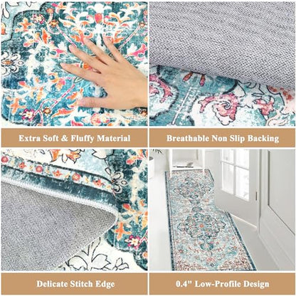 Pauwer Hallway Runner Rug 2x6, Washable Non Slip Boho Kitchen Runner, Teal - color: Teal, size: 2' x 6' (Runner)