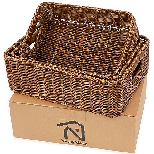 WeeNest Baskets for Storage, Wicker Basket, Rectangular, Set of 3, Toffee - color: Toffee