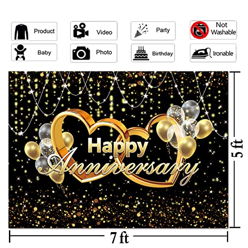 Happy Anniversary Backdrop Black and Gold Balloons Photography Background Poster for Wedding Anniversary Party Birthday Party Decorations Banner 7x5ft - size: 7X5FT(210x150cm)