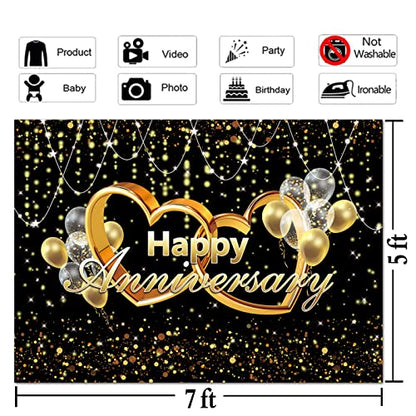 Happy Anniversary Backdrop Black and Gold Balloons Photography Background Poster for Wedding Anniversary Party Birthday Party Decorations Banner 7x5ft - size: 7X5FT(210x150cm)
