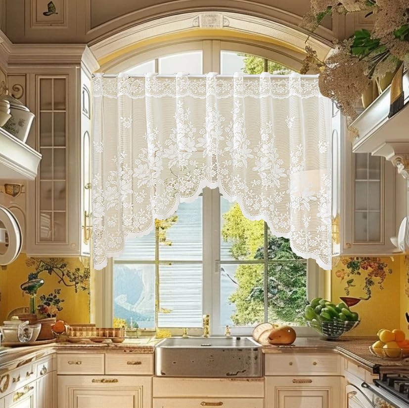 1pc White Lace Arched Sheer Curtain for Doorway Kitchen Window - size: 86"W x 35"L (Pack of 1)