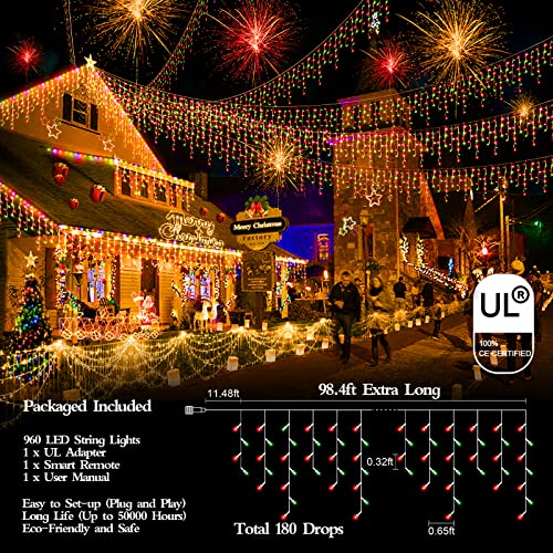 98FT 960 LED Christmas Lights , Waterproof 8 Modes Ice Lights for Outside with Memory and Timer Hanging Fairy Lights Plug-in Curtain String Lights for Holiday Party Wedding Home (Red and Green) - color: Turquoise
