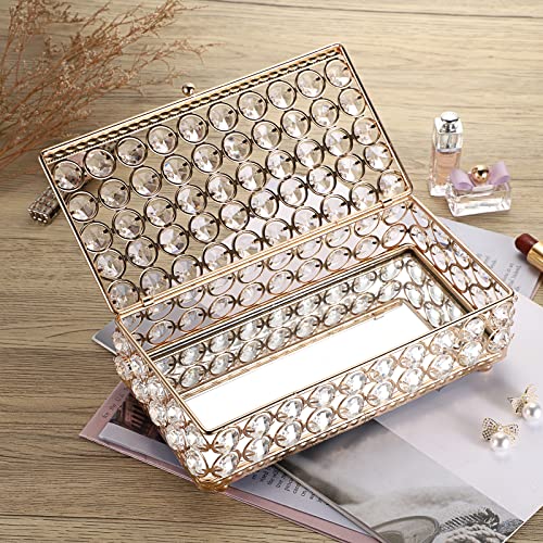 ELLDOO Crystal Jewelry Box Rectangle Trinket Organizer Earrings Rings Box Treasure Box Storage Home Decor Accent Decorative Box with Lid for Valentine Wedding Christmas Birthday Gift, Gold