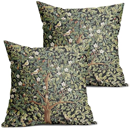 Green Tree Pillow Covers 18X18 Inch Set of 2 Watercolor Forest Bird Floral leaves Decorative Pillow Cases Spring Vintage Leaf Flower Cotton Linen Cushion Case Farmhouse Home Decor For Sofa Couch - color: Green Tree, size: 18" x 18" (Pack of 2)