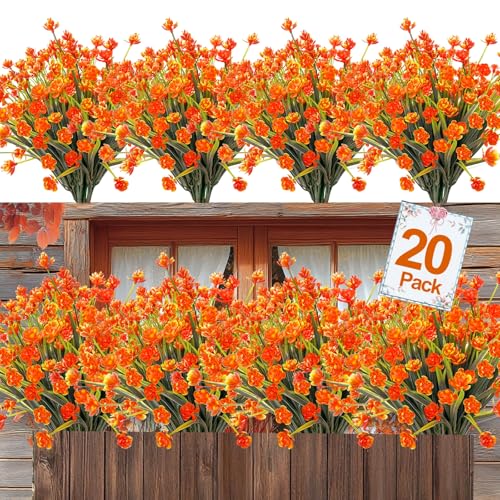 TURNMEON 20 Bundles Artificial Fall Flowers for Outdoors Fall Decorations - color: Orange Red, size: 20 Bundles
