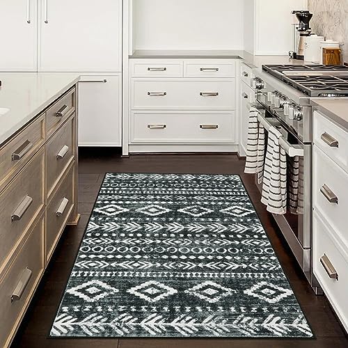Lahome Boho Moroccan Kitchen Rugs, 4x6 Washable Black White Bedroom Area Rug Low-Pile Soft Office Rug, Non-Slip Tribal Print Pattern Large Entry Rug Indoor Carpet for Living Room Laundry - color: Black/White, size: 4' x 6'
