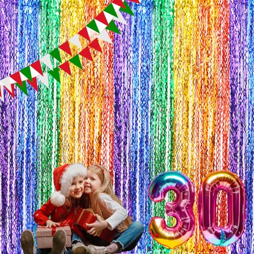 CYLMFC 3 Pack Rainbow Foil Curtains - 3.3x6.6ft Metallic Streamers Tinsel Curtains Background for Photo Booth Birthday Weddings Carnivals Graduation - color: 6 Color Rainbow