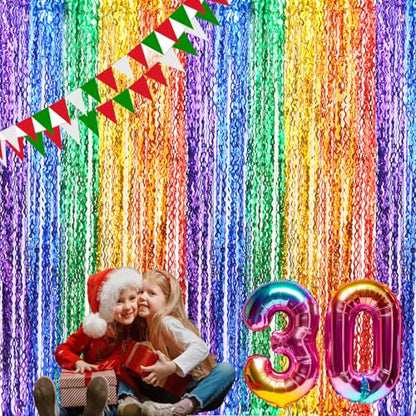 CYLMFC 3 Pack Rainbow Foil Curtains - 3.3x6.6ft Metallic Streamers Tinsel Curtains Background for Photo Booth Birthday Weddings Carnivals Graduation - color: 6 Color Rainbow