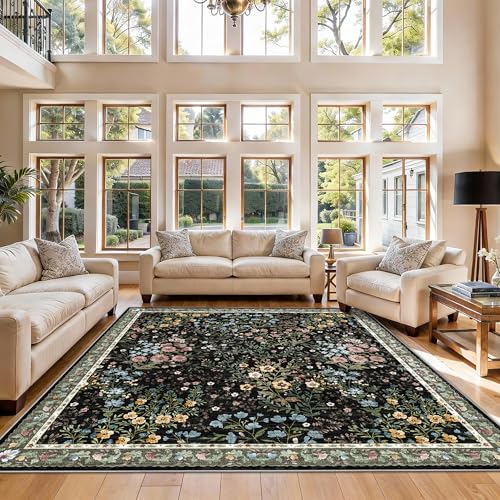 Vintage Floral Dining Room Rug 7x7-7ft Square Low Pile Non Slip Machine Washable Area Rug, Indoor Carpet for Under Table/Bed Living Room Bedroom Office Nursery Entryway Playroom (7ft Square, Black) - color: Black, size: 7x7
