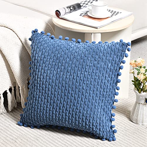 Fancy Homi Set of 2 Dusty Blue Decorative Throw Pillow Covers 16x16 Inch with Pom-poms for Couch Bed Sofa, Rustic Farmhouse Boho Home Decor, Soft Plush Corduroy Cute Cushion Case 40x40 cm - color: Dusty Blue, size: 16" x 16" (Pack of 2)