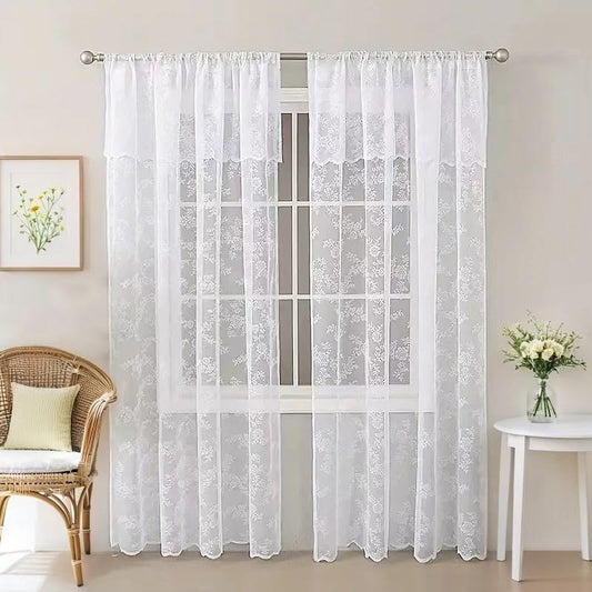 White Floral Lace Sheer Curtains with Valance for Living Room Bedroom 2 Panels Set, Rod Pocket Vintage Semi Sheer Embroidered Curtains French Retro Home Decor Window Drapes - size: 57"W x 84"L (Pack of 2)
