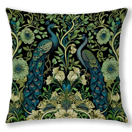 Vintage Dark Green Floral Peacock Pillow Covers 18x18, Peacock Decor, Rustic Cottagecore Botanical Flower Decorative Throw Pillow Covers Pillowcases for Living Room Home Bedroom - color: Green & Blue 1, size: 18" x 18" (Pack of 1)