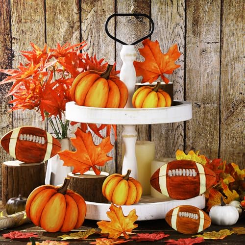 Bencailor 12 Pcs Fall Table Decor Wooden Pumpkins Maple Leaf Fall Football Tiered Tray Decor Thanksgiving Centerpiece Autumn Football Decorations for Home Kitchen Desk Office Party - style: Innovative