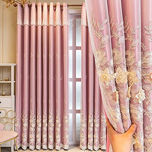 Amidoudou 1 Pair European 3D Flower Luxury Embroidered Curtains Double Layer Curtains with Valance for Living Room Bedroom (Pink,52x90 Inch) - color: Pink, size: 52"W x 90"L (Pack of 2)