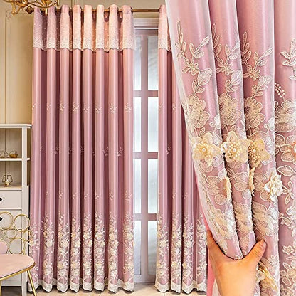 Amidoudou 1 Pair European 3D Flower Luxury Embroidered Curtains Double Layer Curtains with Valance for Living Room Bedroom (Pink,52x90 Inch) - color: Pink, size: 52"W x 90"L (Pack of 2)