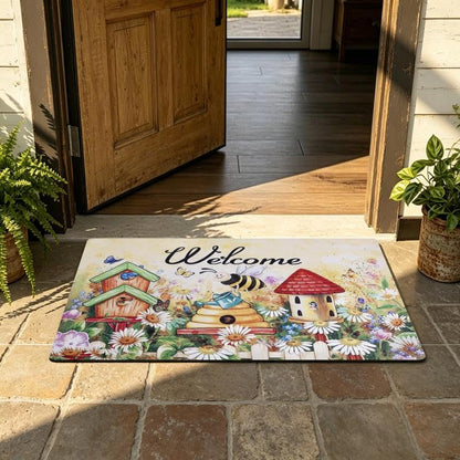 Welcome Mat 17x29 Non Slip Rubber Back Door Mat Outside Entrance - color: Bees