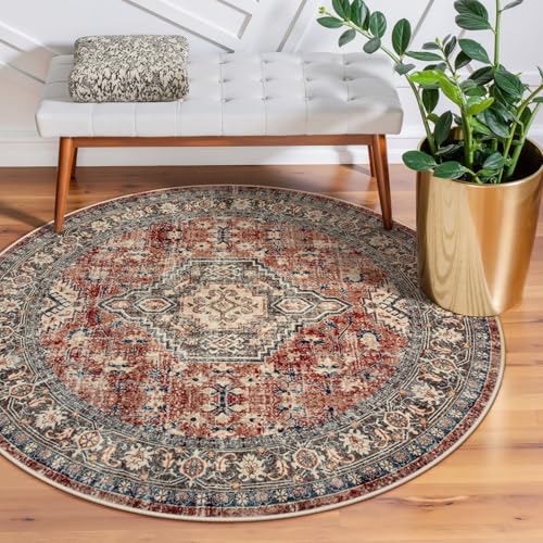 Lahome Oriental Washable Circle Rugs, Non-Slip Round Rug 4ft Ultra-Thin - color: Brick Red, size: 4'(Round)