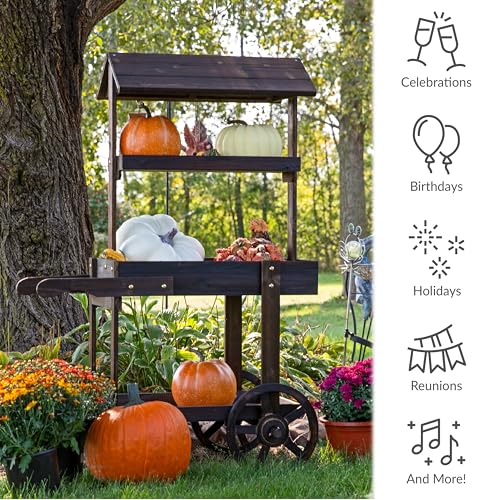 Sunnydaze Flower Cart Display Stand with Wheels, Pine Wood, 49” H, Brown - color: Pine