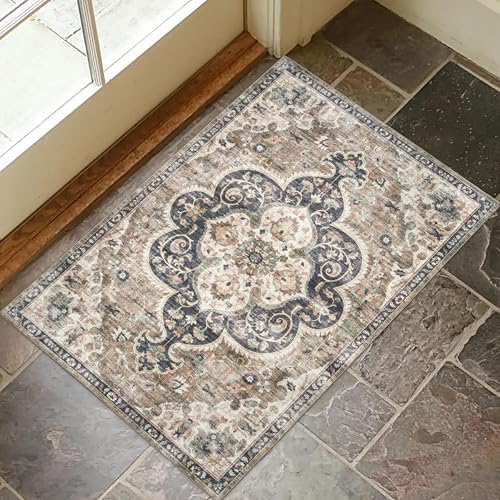 ReaLife Rugs Machine Washable Area Rug - Living Room Bedroom Bathroom Kitchen Entryway Office - Padded Crease Free Stain Resistant Premium - Boho Farmhouse Vintage- Joy - Brown Tan - 2'x 3' - color: Medallion - Brown Ivory, size: 2' x 3' (Rectangular)