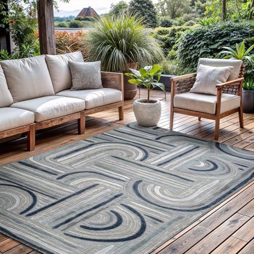 CAMILSON Indoor Outdoor Rug, Blue 6x9 Geometric Arch Striped Area Rugs for Patio and Home Areas, Easy-Cleaning Non-Shedding Living Room, Garden and Deck Washable Outside Carpet (6 x 9) - color: 3004 Blue, size: 6' x 9' (Rectangular)