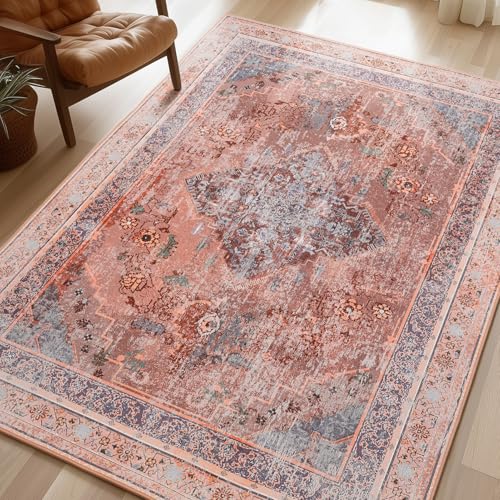 Phantoscope Washable Area Rug 5'x7' Non-Slip, Vintage Neutral Fall Rugs for Living Room, Bedroom, Dining Room, Distressed Boho Medallion Pattern, Low-Pile Foldable Floor Carpet, Rust Orange - color: Rust Orange, size: 5' x 7' (Rectangular)
