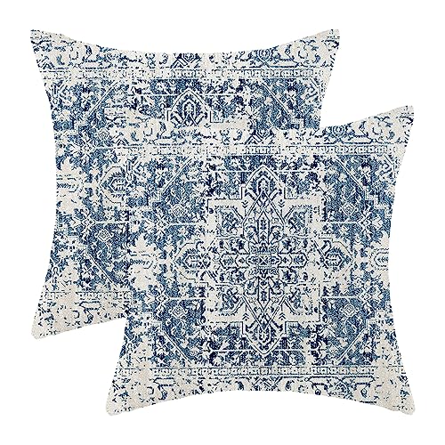 AEIOAE Boho Pillow Covers 18x18 Inch Set of 2,Carpet Pattern Throw Pillows Case,Blue White Ethnic Design Outdoor Decorative Square Linen Farmhouse Decor Cushion Covers for Home Sofa Bed Couch - color: Blue White Boho, size: 18" x 18" (Pack of 2)