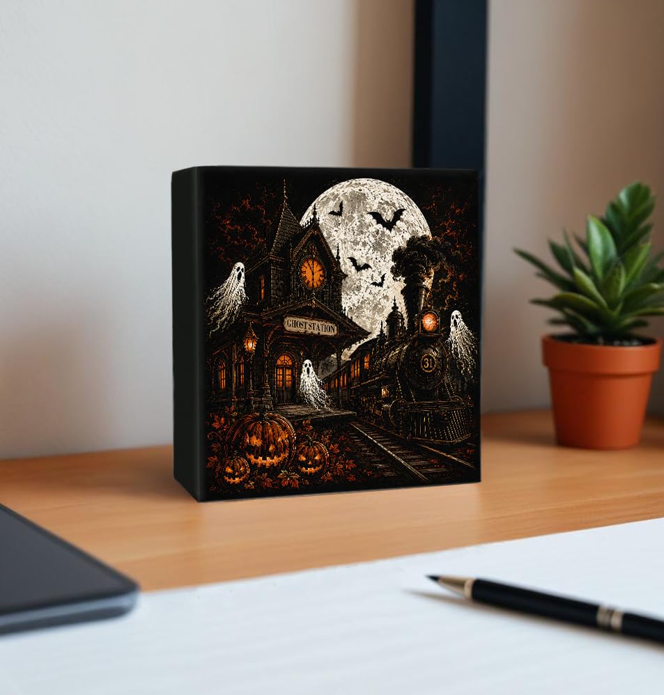 Halloween Ghost Station Wooden Box Decorative Sign 5x5 Inch - color: J