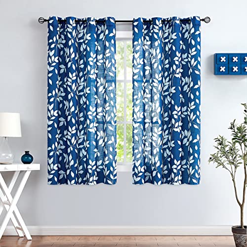 Navy Blue White Leaf Semi Sheer Curtains 63" Bedroom Panels Drapes 2pk - color: Navy, size: 52"W x 63"L (Pack of 2)