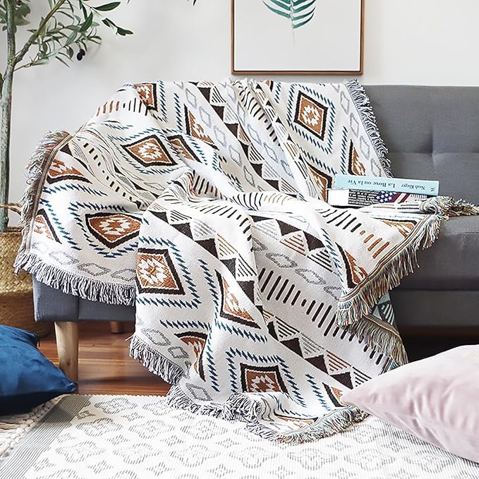 Boho Woven Sofa Blanket Throw with Tassels, Home Decor, Slipcover, Camping Blanket (White) - color: White