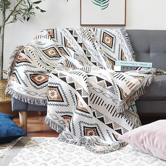 Boho Woven Sofa Blanket Throw with Tassels, Home Decor, Slipcover, Camping Blanket (White) - color: White