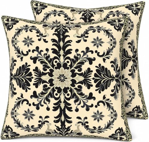 Set of 2 Linen Vintage Black Damask Floral Throw Pillow Covers 18x18 Inch - color: A20010, size: 18" x 18" (Pack of 2)