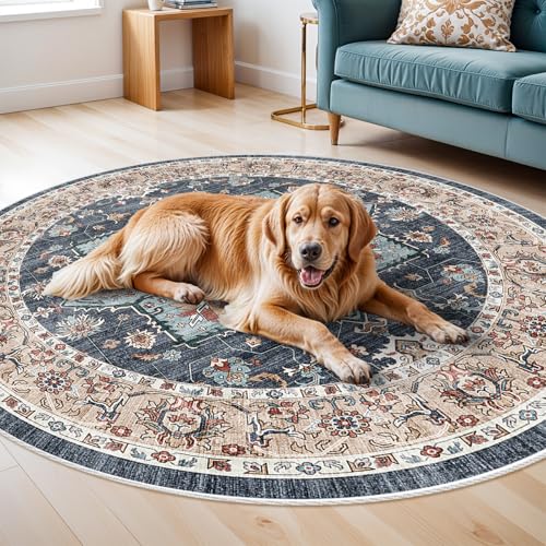 Small 4ft Round Rug: Washable Circle Rug 4ft with Non Slip Backing Playroom - color: Blue/Teal/Orange, size: 4' (Round)