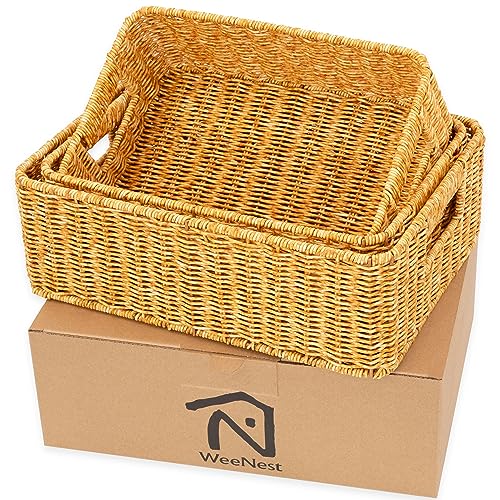 WeeNest Baskets for Storage, Wicker Basket, Rectangular, Set of 3, Amber - color: Amber