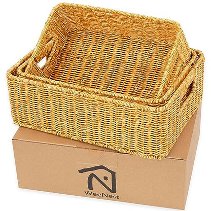 WeeNest Baskets for Storage, Wicker Basket, Rectangular, Set of 3, Amber - color: Amber