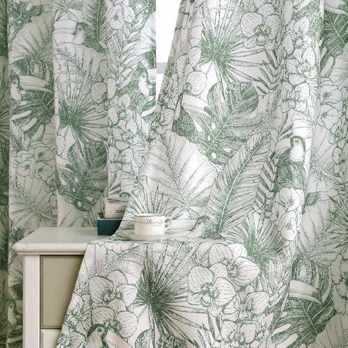 Autumn Dream Curtains Light Blocking Curtains Birds Tropical Leaves Grommet Top Farmhouse Floral Curtains for Living Room, Bedroom, 52by84inch - color: Green Birds Leaves, size: 52"W x 84"L (Pack of 1)