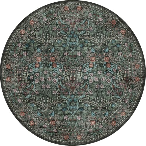 Boho Round Rug 4ft - Washable Black Green Floral Round Bathroom Rug - color: Black / Multi, size: 4' (Round)