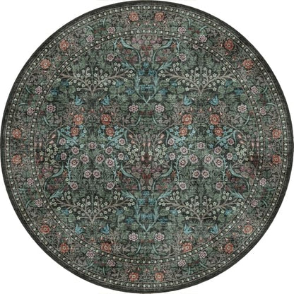 Boho Round Rug 4ft - Washable Black Green Floral Round Bathroom Rug - color: Black / Multi, size: 4' (Round)