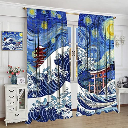 Japanese Asian Art Blackout Curtains - Blue Anime Ocean The Great Waves Fantasy Starry Sky Torii Rod Pocket Window Curtain Set Energy Saving Thermal Insulated Drapes,2 Panels 54L x 21W - color: Japanese Asian Art, size: 21"W x 54"L (Pack of 2)