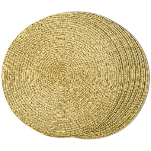 FunWheat Round Braided Placemats Set of 6 Table Mats for Dining Tables Woven Washable Non-Slip Place mats 15 inch(Shining Gold, 6pcs) - color: Gold Shining, size: Set of 6