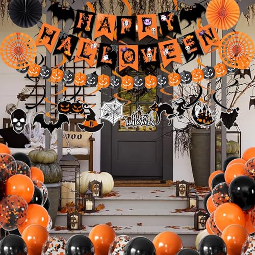 Happy Halloween Trick or Treat Banner Paper Fan Balloons & Swirl Streamers Goul Bat Cat Bird Ghost Pumpkin Lantern for Party Decorations