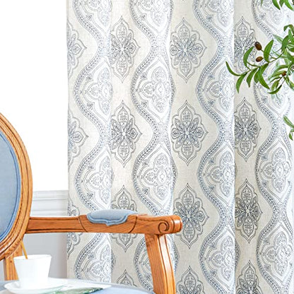 jinchan Boho Floral Linen Curtains 96 Inch Blue on Ecru Grommet 2 Panels - color: Damask Blue, size: 50"W x 96"L (Pack of 2)