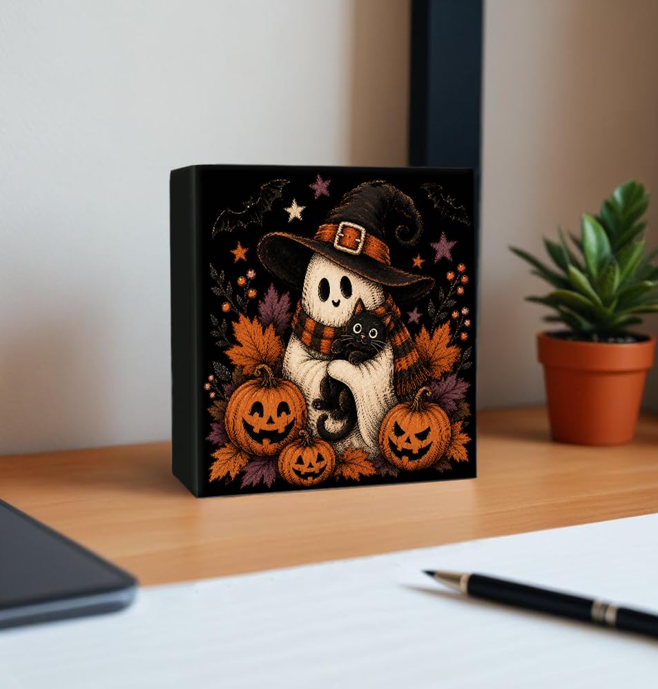 Halloween Ghost Black Cat Wooden Box Decorative Sign 5x5 Inch - color: O