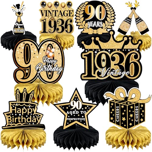 9 Pcs 90th Birthday Decoration for Women 1936 Table Honeycomb Decor - color: 90th-black and Gold